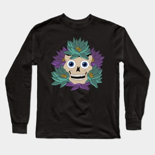 Skull Tattoo Design - Purple and Turquoise Flowers - Day Of The Dead Long Sleeve T-Shirt